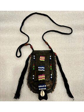 1970s African Artisan Made Leather Mirror Brass Beaded Neckpiece